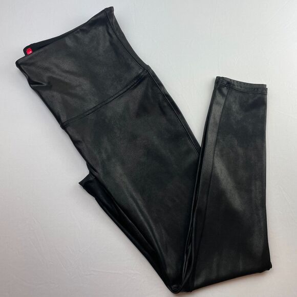 ~ SPANX 1x Leggings Vegan Leather Black Stretch Sheen Shine Faux Pleather Plus - Picture 15 of 16